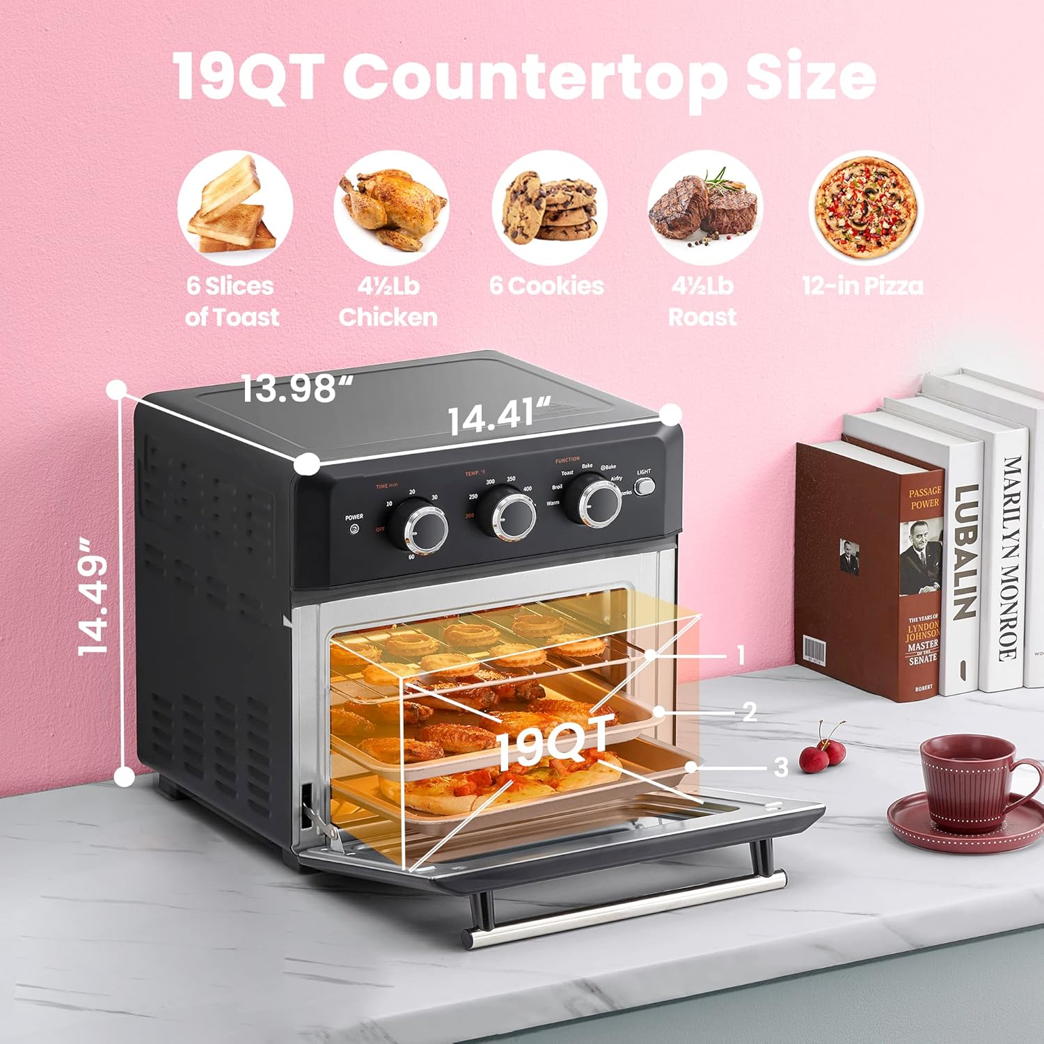 Comfort kitchen' Toaster Oven Countertop, Small Toaster Ovens Combo 4 slice, Mini Oven for 9" Pizza, Compact Oven 2 Racks for Toast, Bake, Broil, 950W, Black, CTO-E101A(BK)