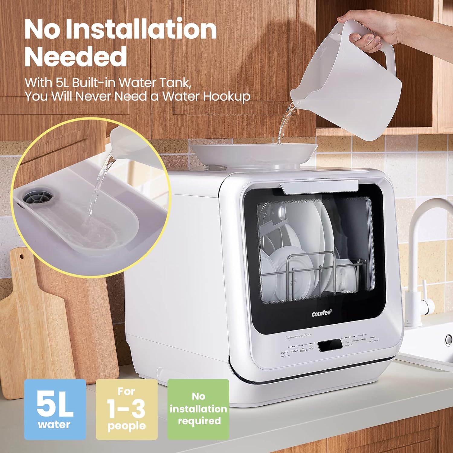 Comfort kitchen' Portable Mini Dishwasher Countertop with 5L Built-in Water Tank for Apartments& RVs, No Hookup Needed, 6 Programs, 360° Dual Spray, 162℉ High-Temp& Air-Dry Function